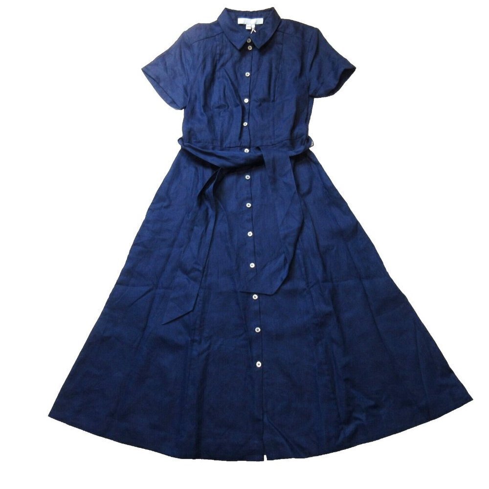 NWT Hill House The Lily Midi in Navy Blue Linen Fit & Flare Shirt Dress XXS 2XS